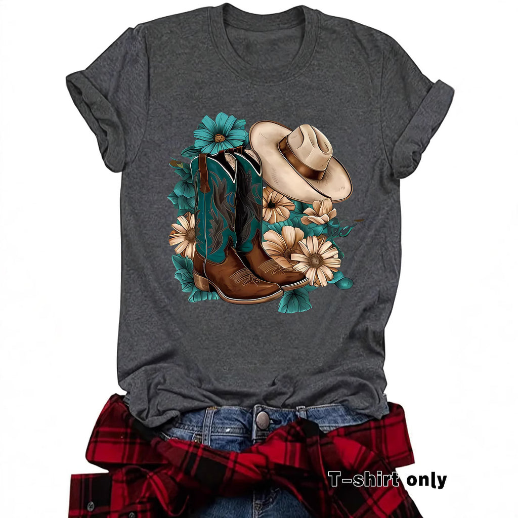 Western Short sleeved women's t-shirt with boots & hats