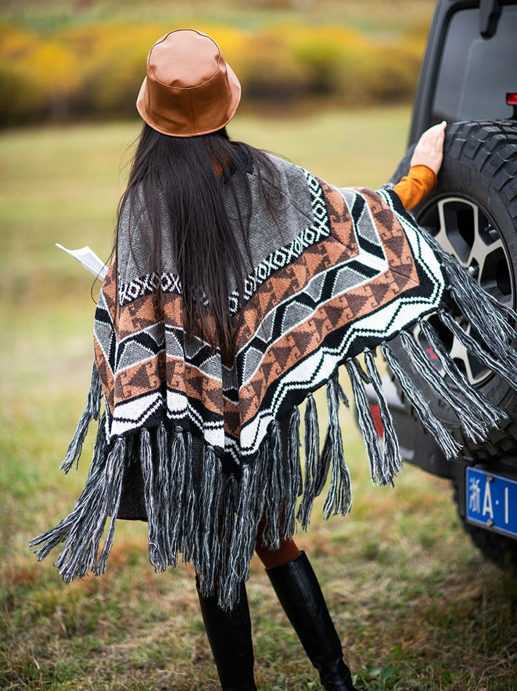Autumn and Winter Travel Photography Versatile Ethnic Style Knitted Mohair Woolen Tassel Cape Thickened