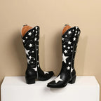 Western Cowboy Boots Women's Medium Block Heels Slip-on Cowgirl Long Boots Woman Autumn Winter Shoes