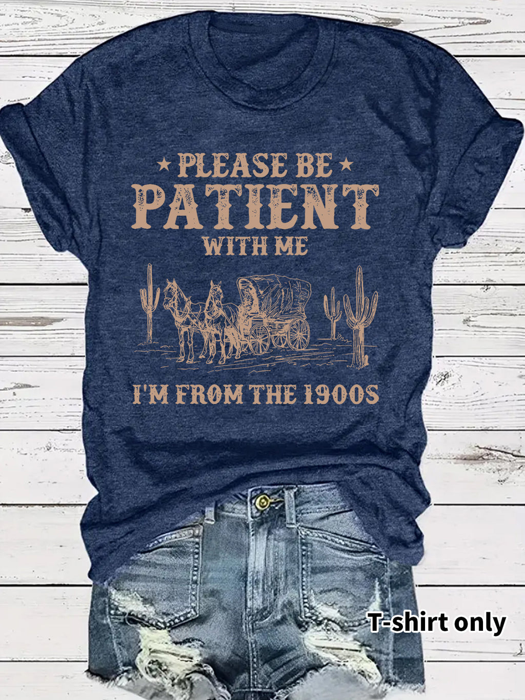 Western denim pattern round neck short sleeved T-shirt