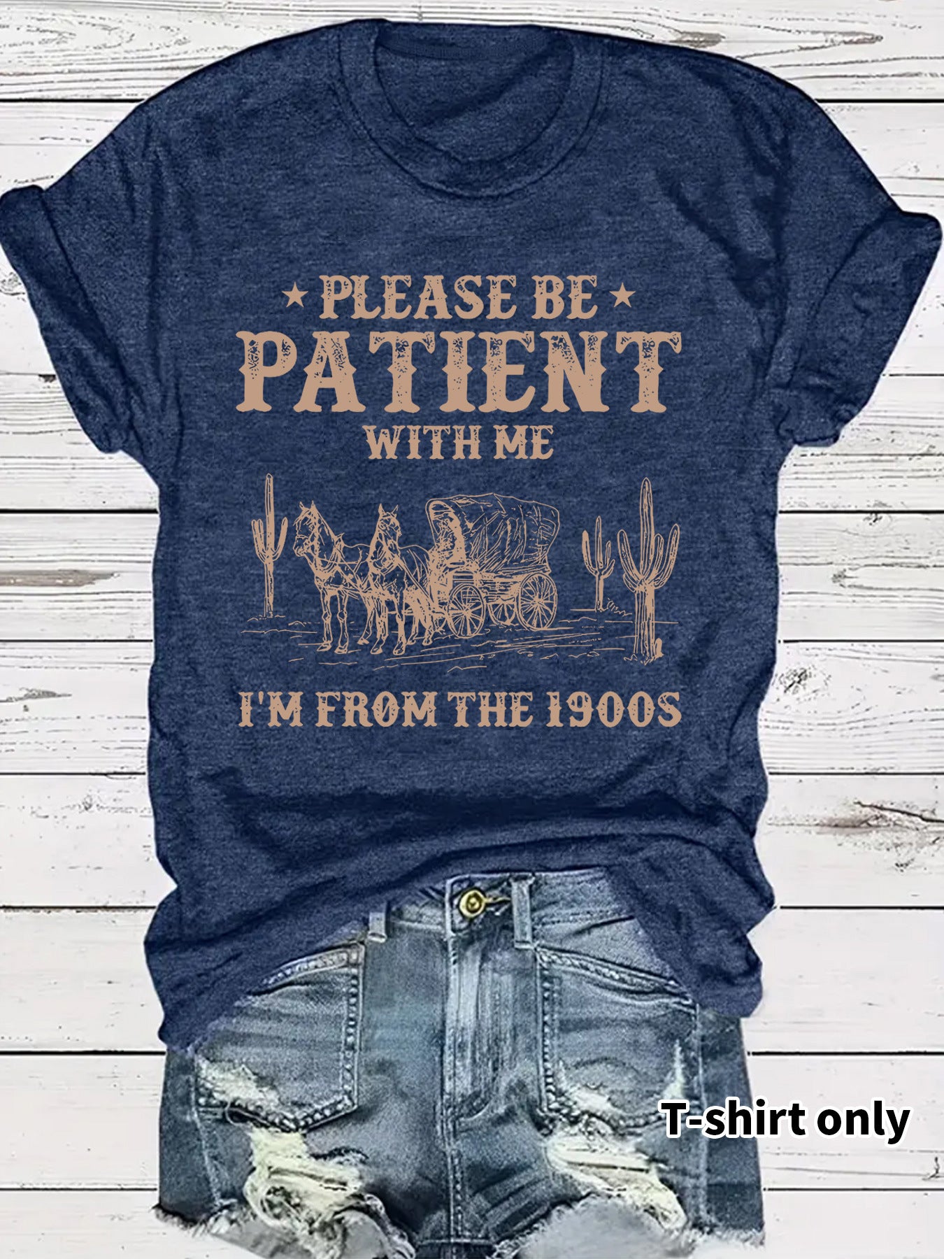 Western denim pattern round neck short sleeved T-shirt