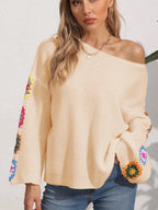 Autumn and winter women's one neck off shoulder loose top randomly mixed color crochet sweater