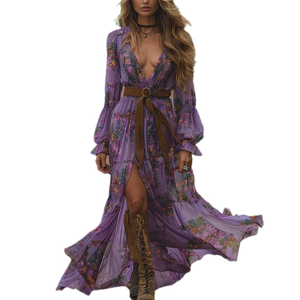 Bohemian Print V-Neck Long Sleeve Dress Country Style, Loose Fit, Casual Wear