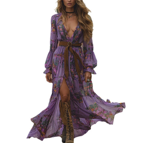 Bohemian Print V-Neck Long Sleeve Dress Country Style, Loose Fit, Casual Wear