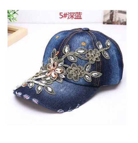 Women's Baseball Diamond Embroidery Flower Denim Snapback Cap