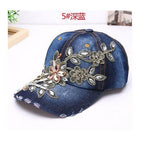 Women's Baseball Diamond Embroidery Flower Denim Snapback Cap