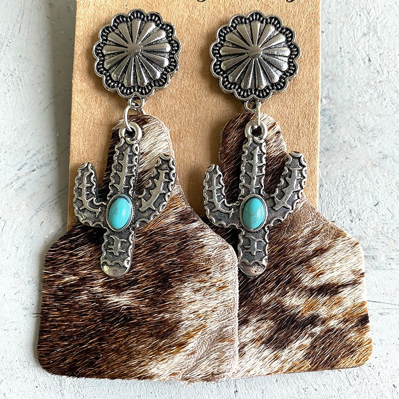 Animal Grain Leather Jewelry Bohemian Horse Hair Pumpkin Flowers Cactus Turquoise Fashion Earrings