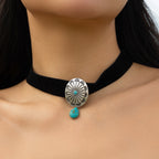 Fashion oval plush fabric patterned collar with water droplet shaped alloy turquoise necklace