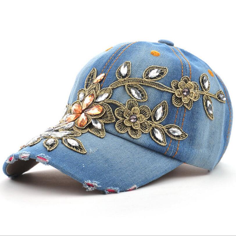 Women's Baseball Diamond Embroidery Flower Denim Snapback Cap