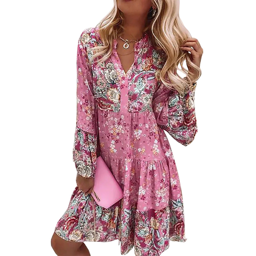 Nature-inspired Women's Plus Size, V-Neck Printed Flared Sleeve Dress