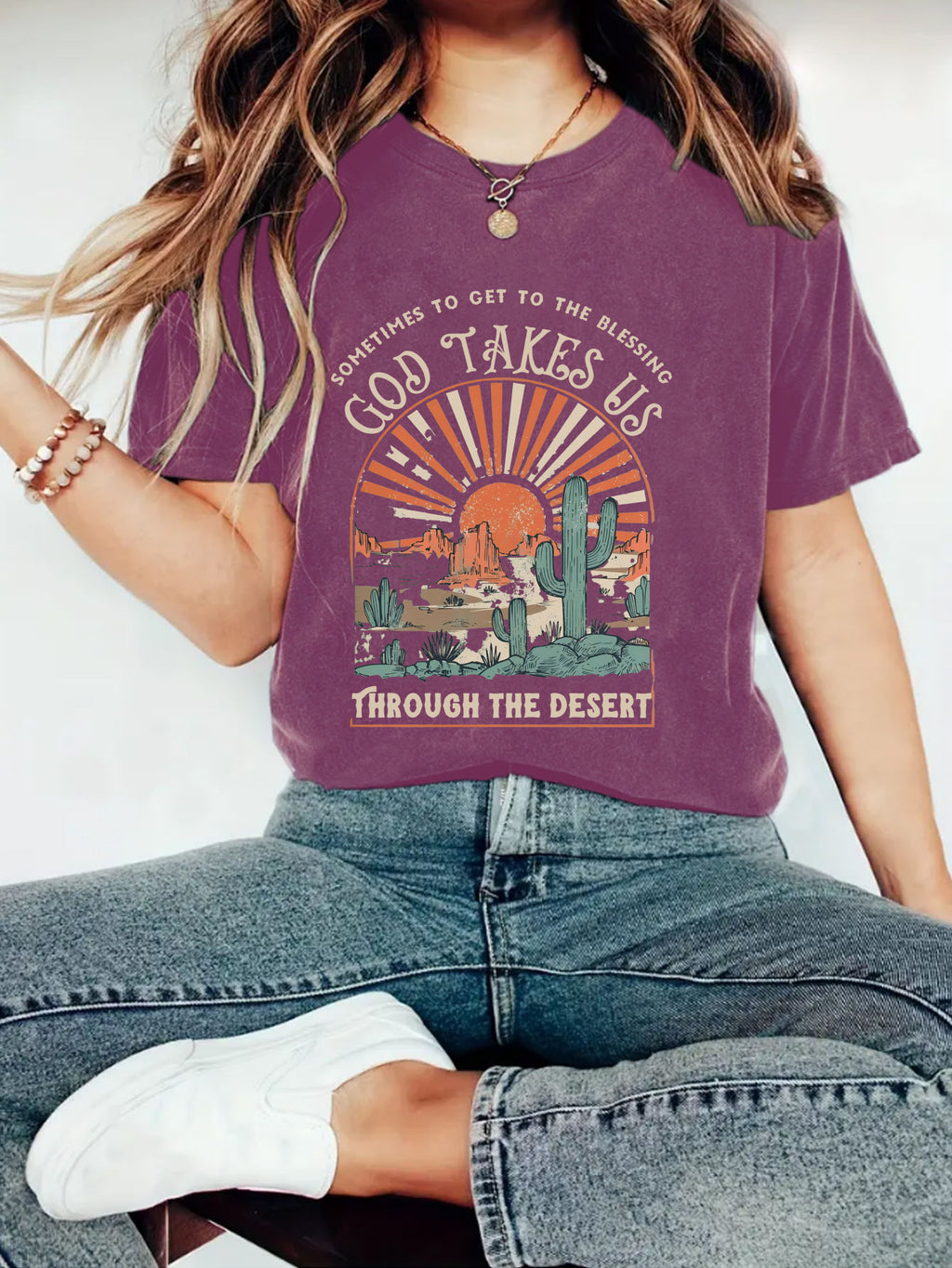 Western Jesus pattern printed round neck short sleeved T-shirt