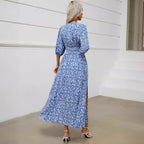 V-neck lantern sleeve waist cinched dress for beach vacation, Bohemian style beach dress