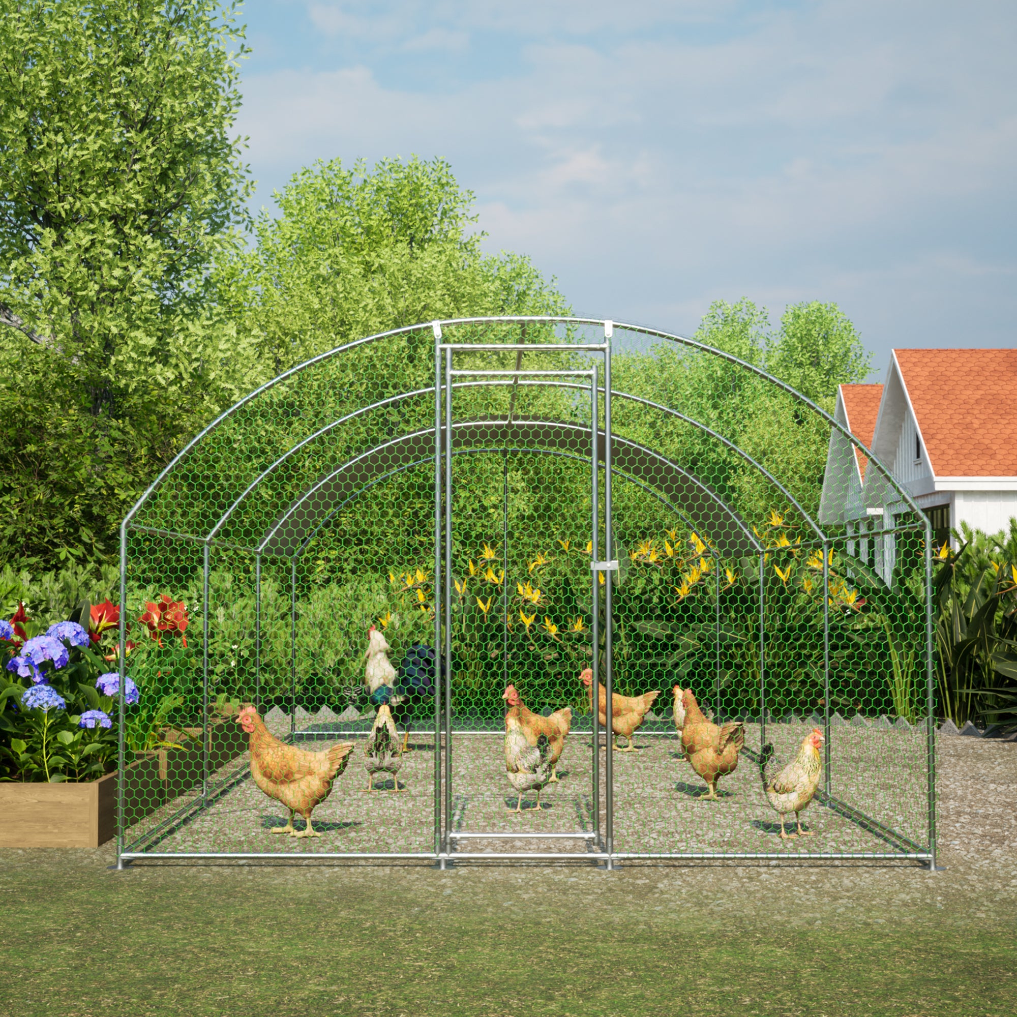 Large dome shaped walk-in fence cage metal chicken coop with waterproof and UV resistant cover, pipe diameter 1 inch