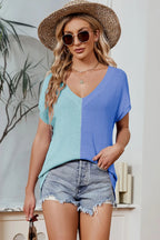 Women's Loose V-neck short sleeved plus size knitted sweater