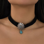 Fashion oval plush fabric patterned collar with water droplet shaped alloy turquoise necklace
