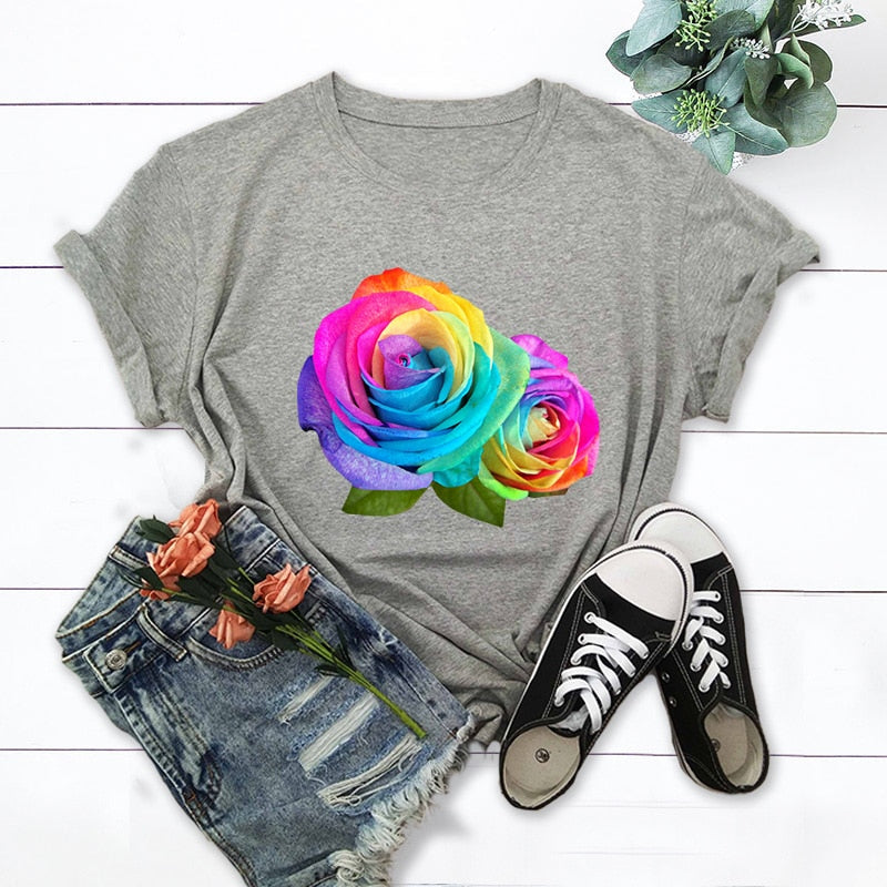 Summer Cotton Women T Shirt Plus Size Colorful Flower