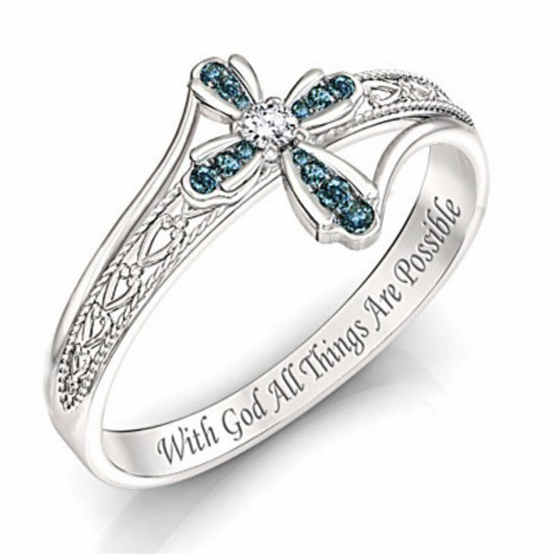 Women's Cross shaped ring with creative hollowed out diamond inlay jewelry