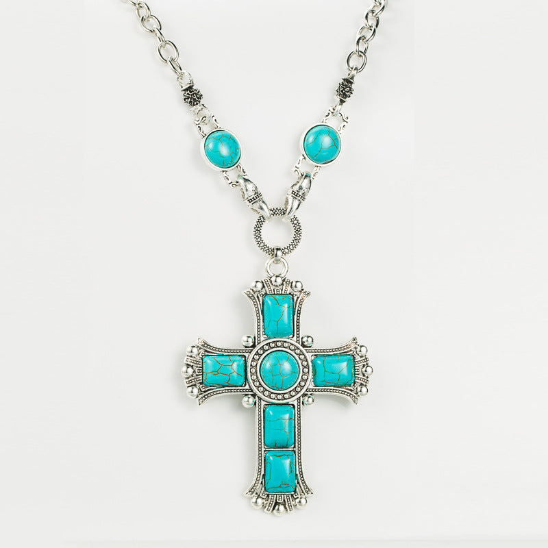 Retro Exaggerated Personality Cross-Shaped Necklace Women's Multi-Layer Alloy Inlaid Turquoise Sweater Chain Pendant Jewelry