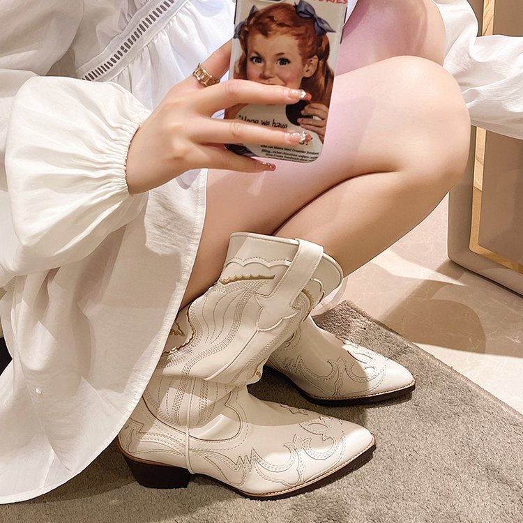 Western White Cowgirl Long Chunky High Heels Pointed Toe Boots