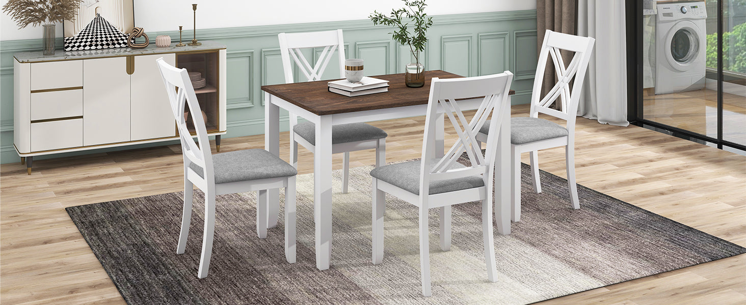 Rustic Minimalist Wood 5-Piece Dining Table Set with 4 X-Back Chairs for Small Places  White