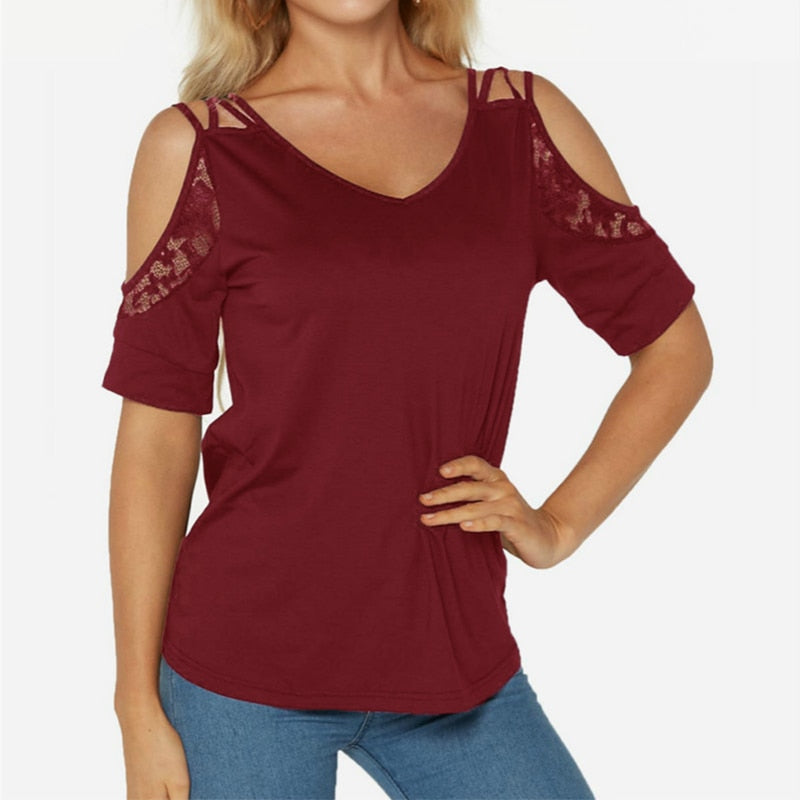Women's Off The Shoulder T Shirt Summer New Chic Simple Solid Color V-Neck Lace Short Sleeve Plus Size Casual Clothes Y2k Top