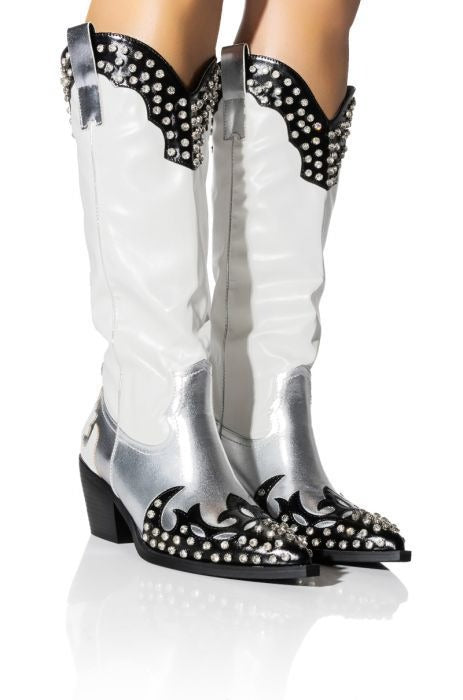 Women Metallic Leather Western Boots Crystal- embellished Patchwork Knee High Boots Female Pointy Toe Block Heels Slip-on Botas