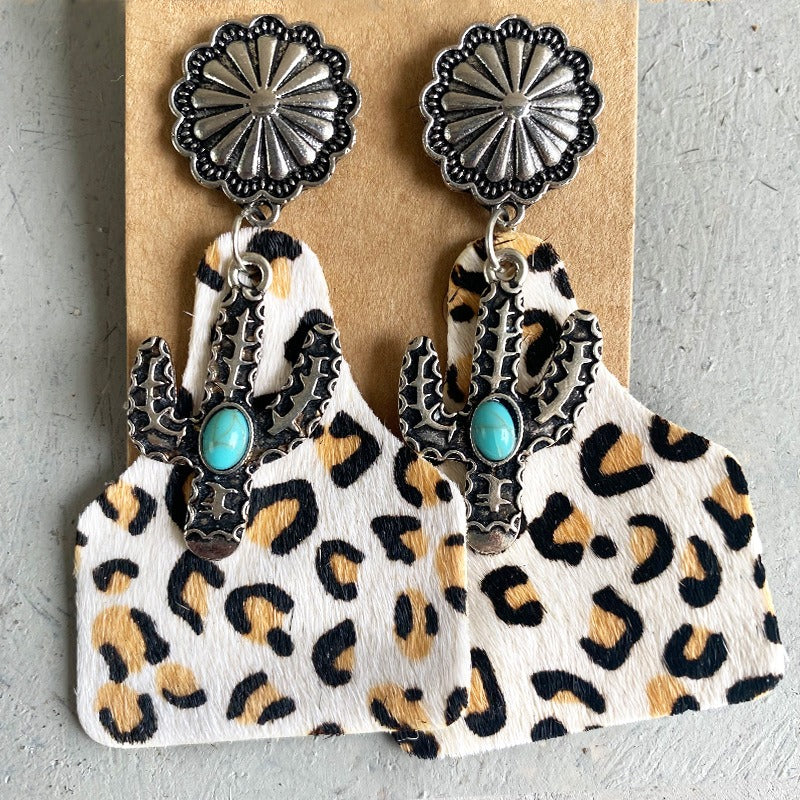 Animal Grain Leather Jewelry Bohemian Horse Hair Pumpkin Flowers Cactus Turquoise Fashion Earrings