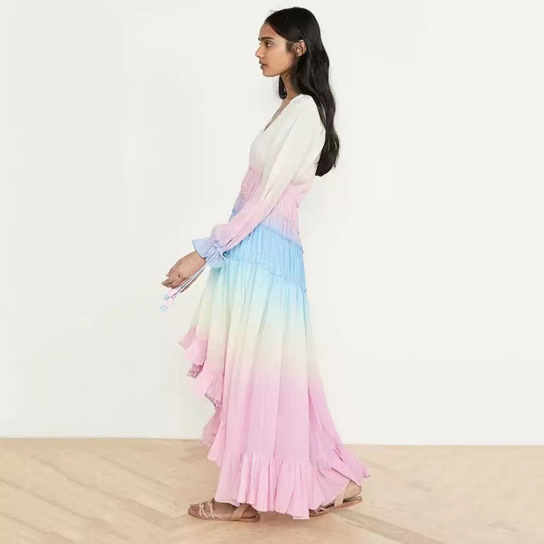 Women's Fashion Deep V Neck Long Sleeve Gradient Print Dress Long Dress
