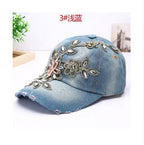 Women's Baseball Diamond Embroidery Flower Denim Snapback Cap