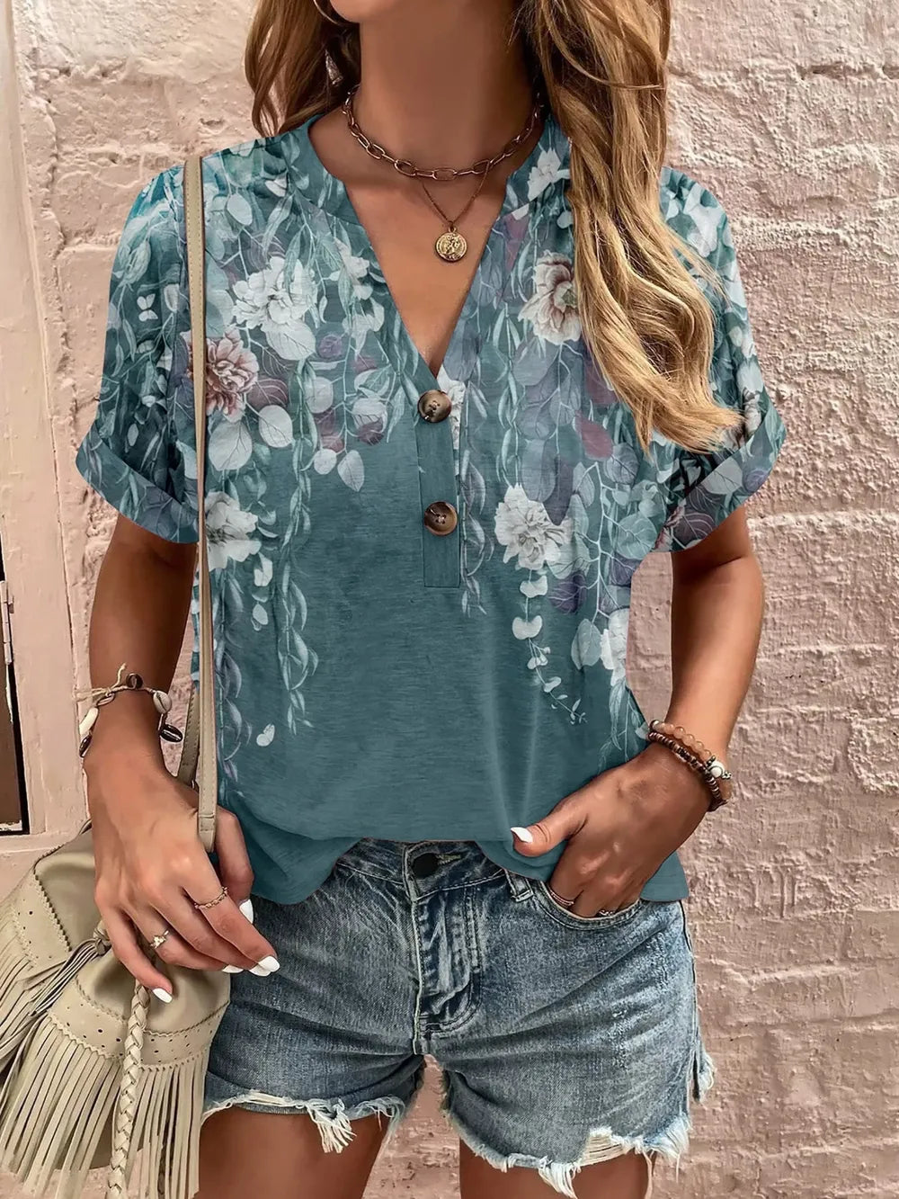 Women's Plus Size Printed Notched Short Sleeve Blouse