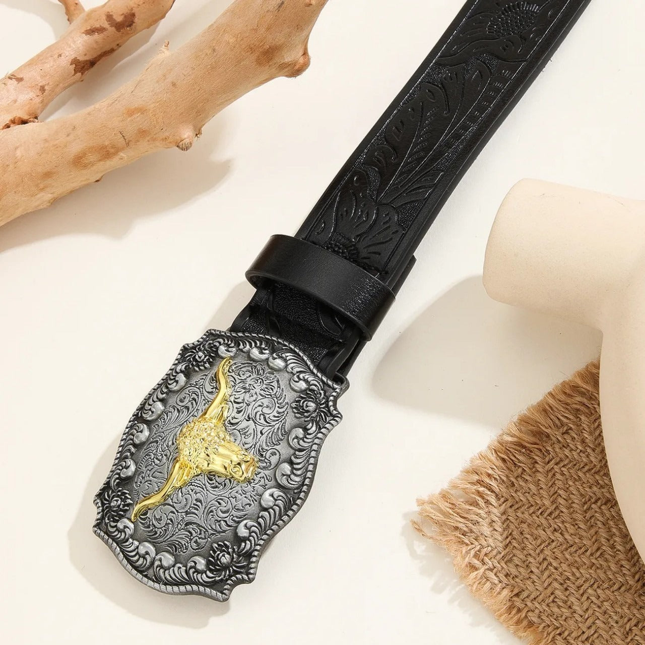 Western Cowboy Belt Versatile Bull Head Big Board Buckle Cowboy Carving Ethnic Style Punk PU Leather Belt