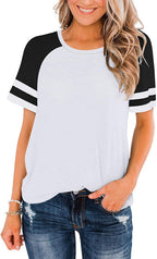 T-Shirt Summer Round Neck Short Sleeve Striped Contrast Color Loose Plus Size
