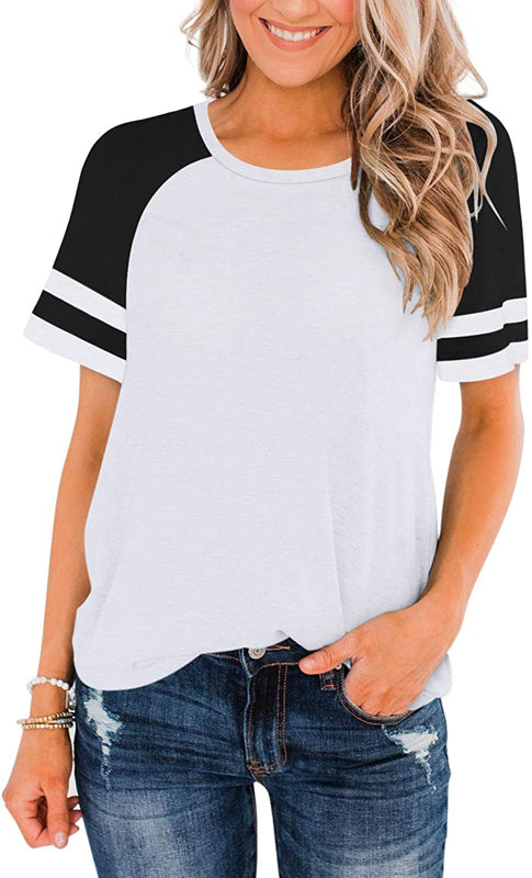 T-Shirt Summer Round Neck Short Sleeve Striped Contrast Color Loose Plus Size