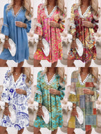 V-Neck Printed Lace Stitched Bohemian Dress