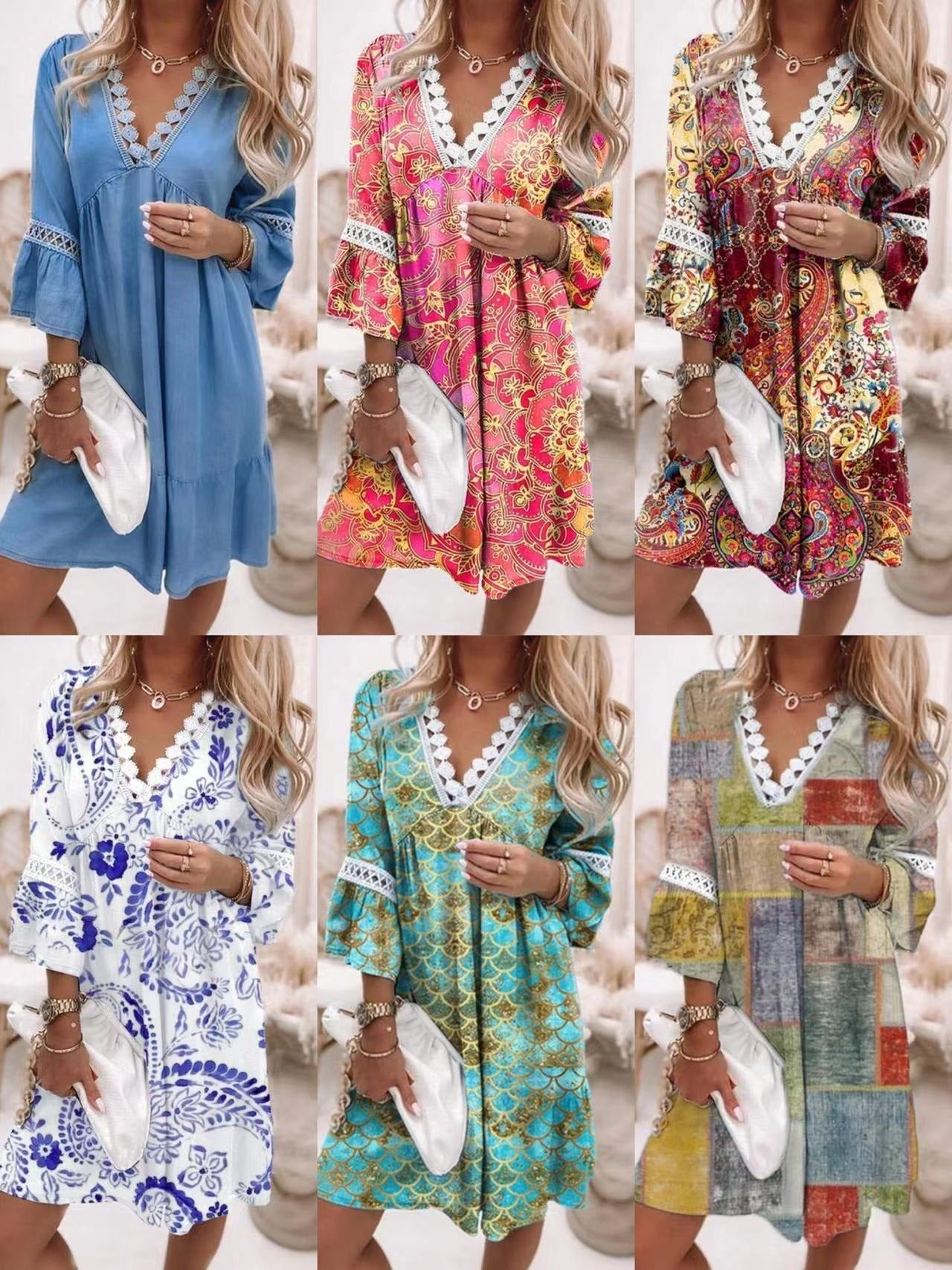 V-Neck Printed Lace Stitched Bohemian Dress