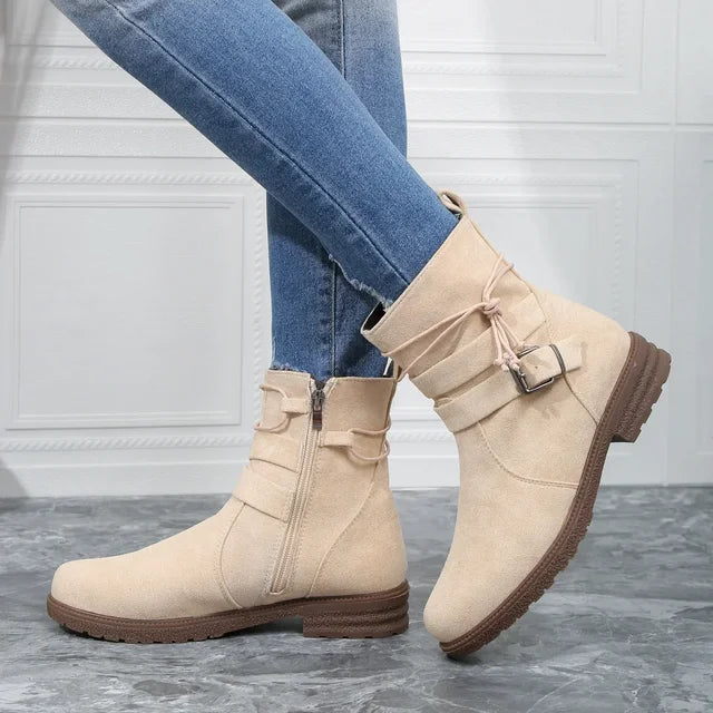 Women Belt Buckle Ankle Boots Chunky Chelsea Boots Mid Heel