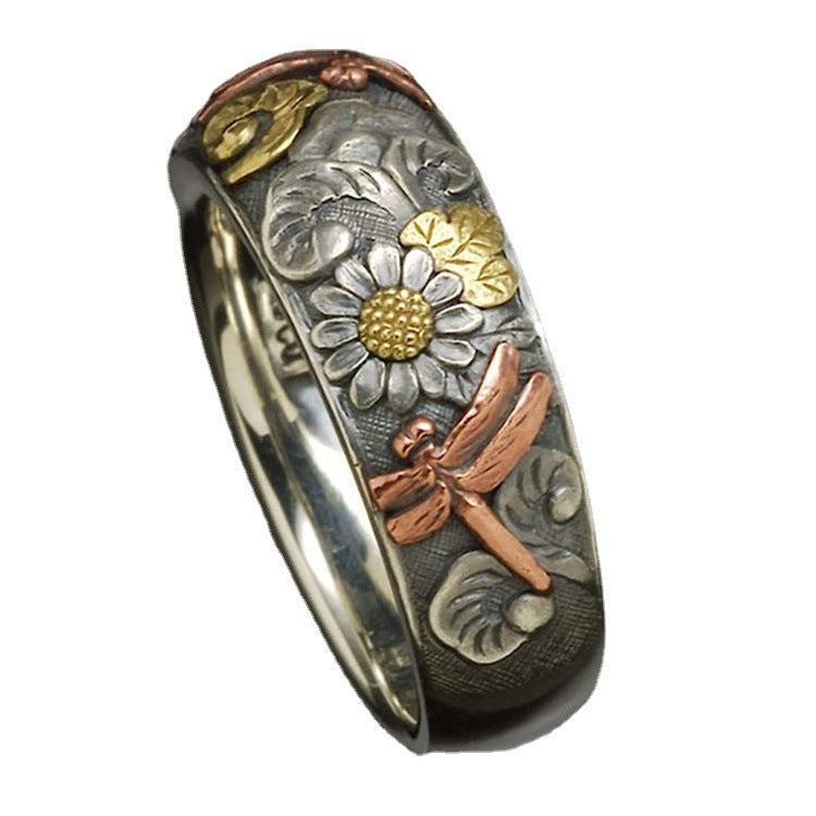 Personality Vintage Glyph Ring Flower Dragonfly Animal Women Rings