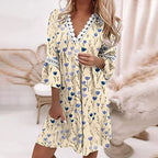 V-Neck Printed Lace Stitched Bohemian Dress