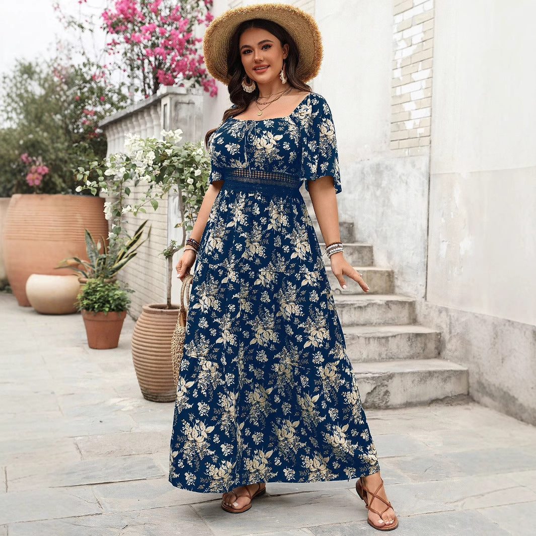 Vintage Square Neck Printed Plus Size Short Sleeve Dress