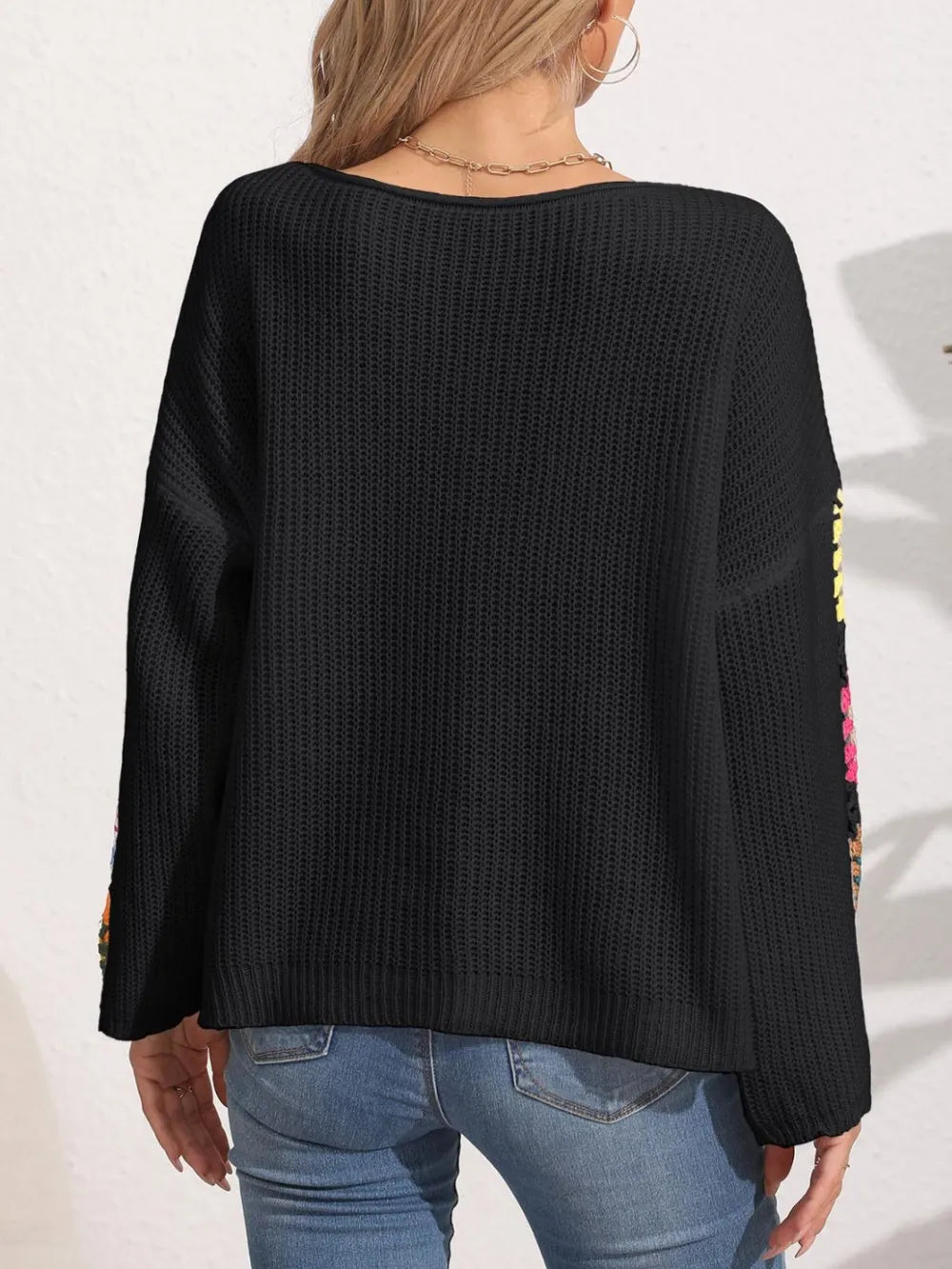Autumn and winter women's one neck off shoulder loose top randomly mixed color crochet sweater
