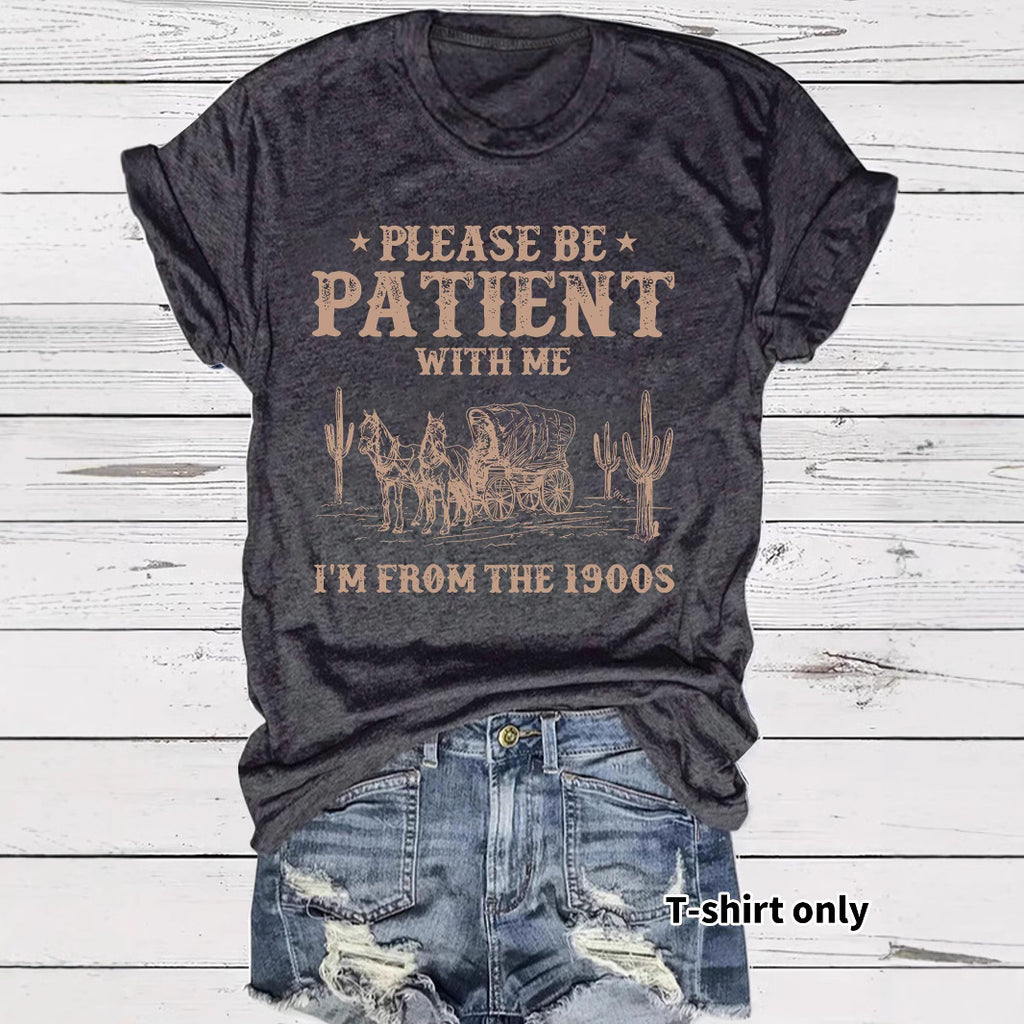 Western denim pattern round neck short sleeved T-shirt