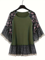 Woman's Blouse Printed Round Neck Half Sleeve Top