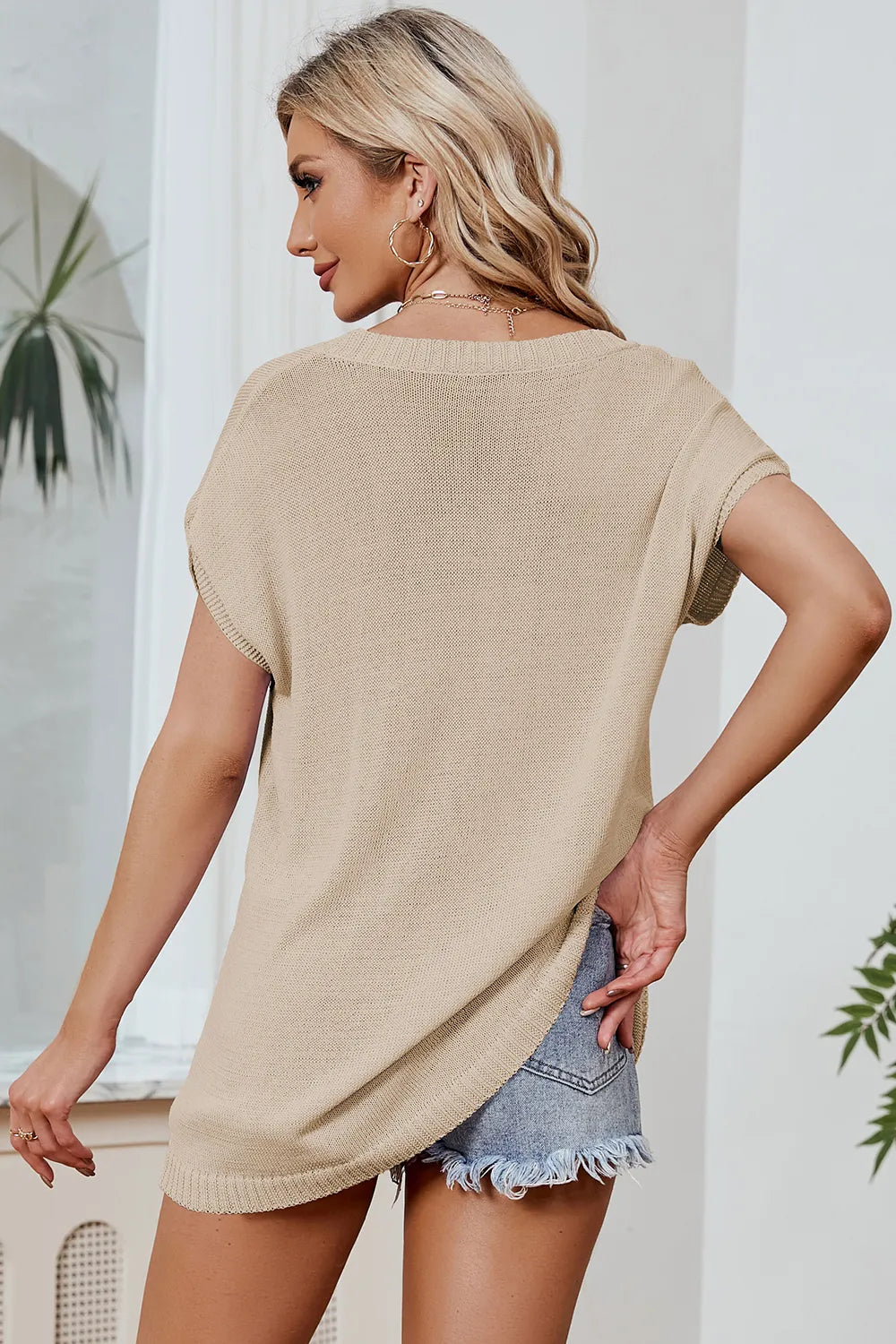 Women's Loose V-neck short sleeved plus size knitted sweater