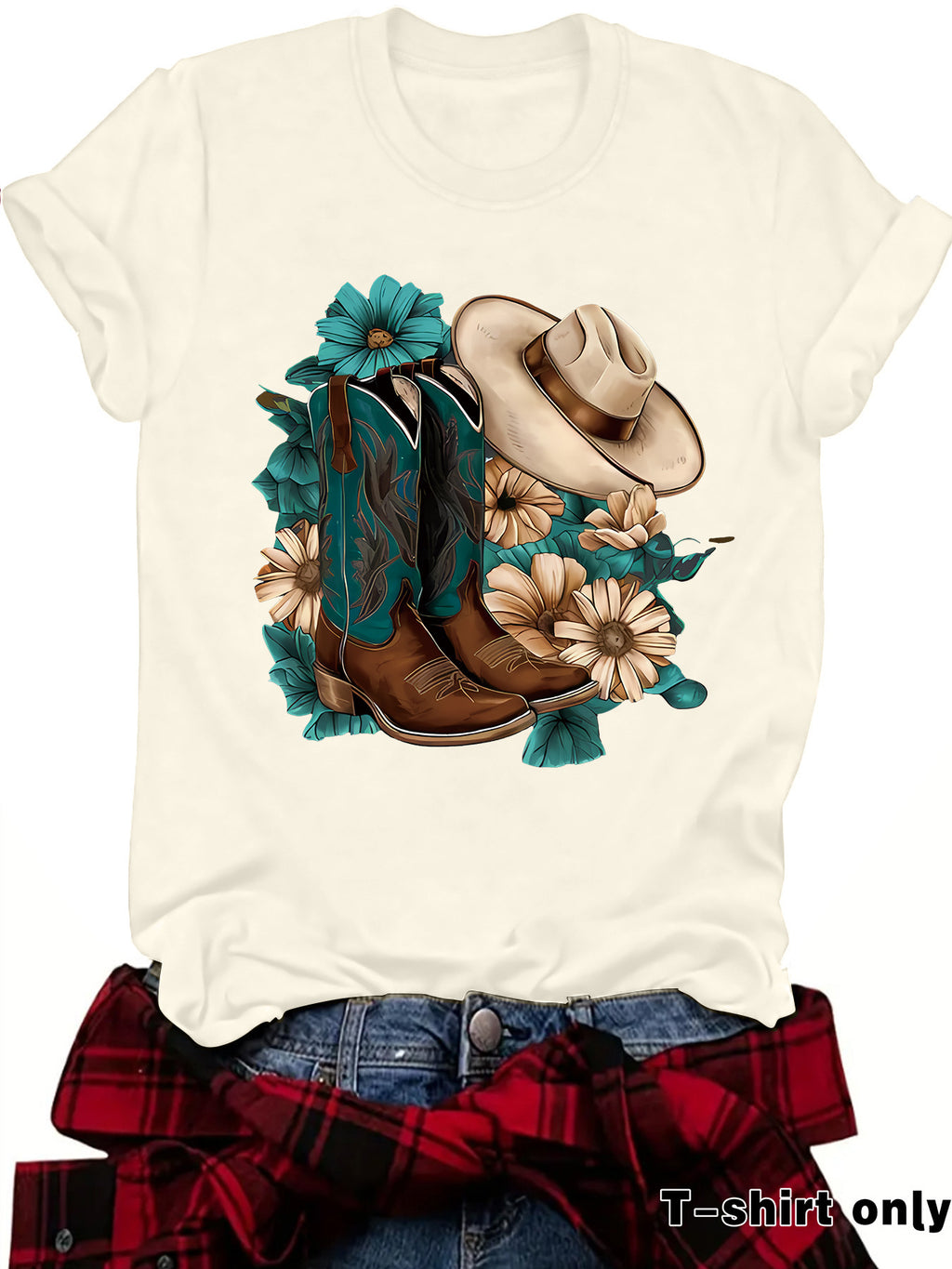 Western Short sleeved women's t-shirt with boots & hats