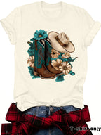 Western Short sleeved women's t-shirt with boots & hats