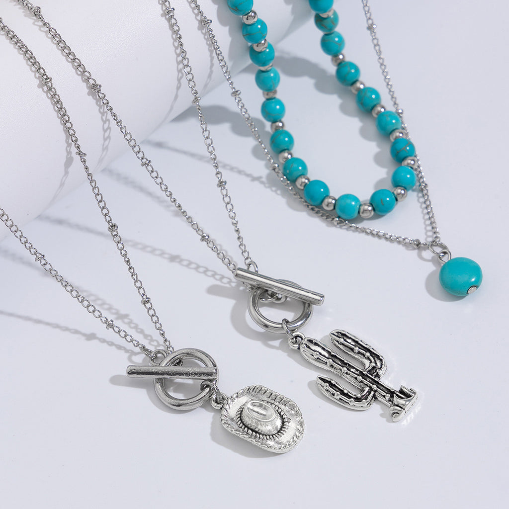 Fashionable multi-layer imitation turquoise necklace set with hexagonal star alloy geometric collarbone chain