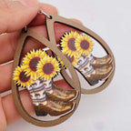 Western Cowboy Wooden Earrings Sunflower Cowhead Boots Pattern Hollow Earrings European and American Earrings