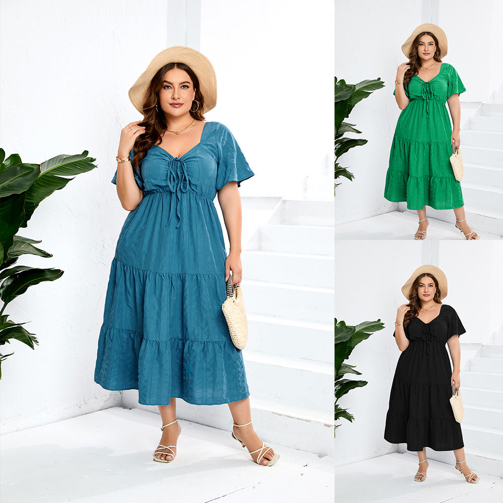 Women's V-neck High-Waist Long Dress Short Sleeve Plus Size Dress