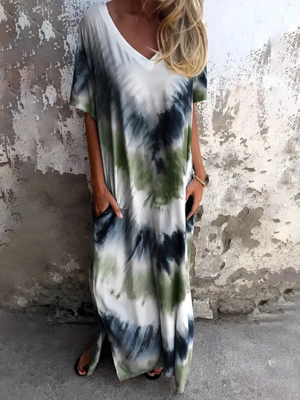 Full Size Pocketed Tie-Dye Short Sleeve Maxi Dress