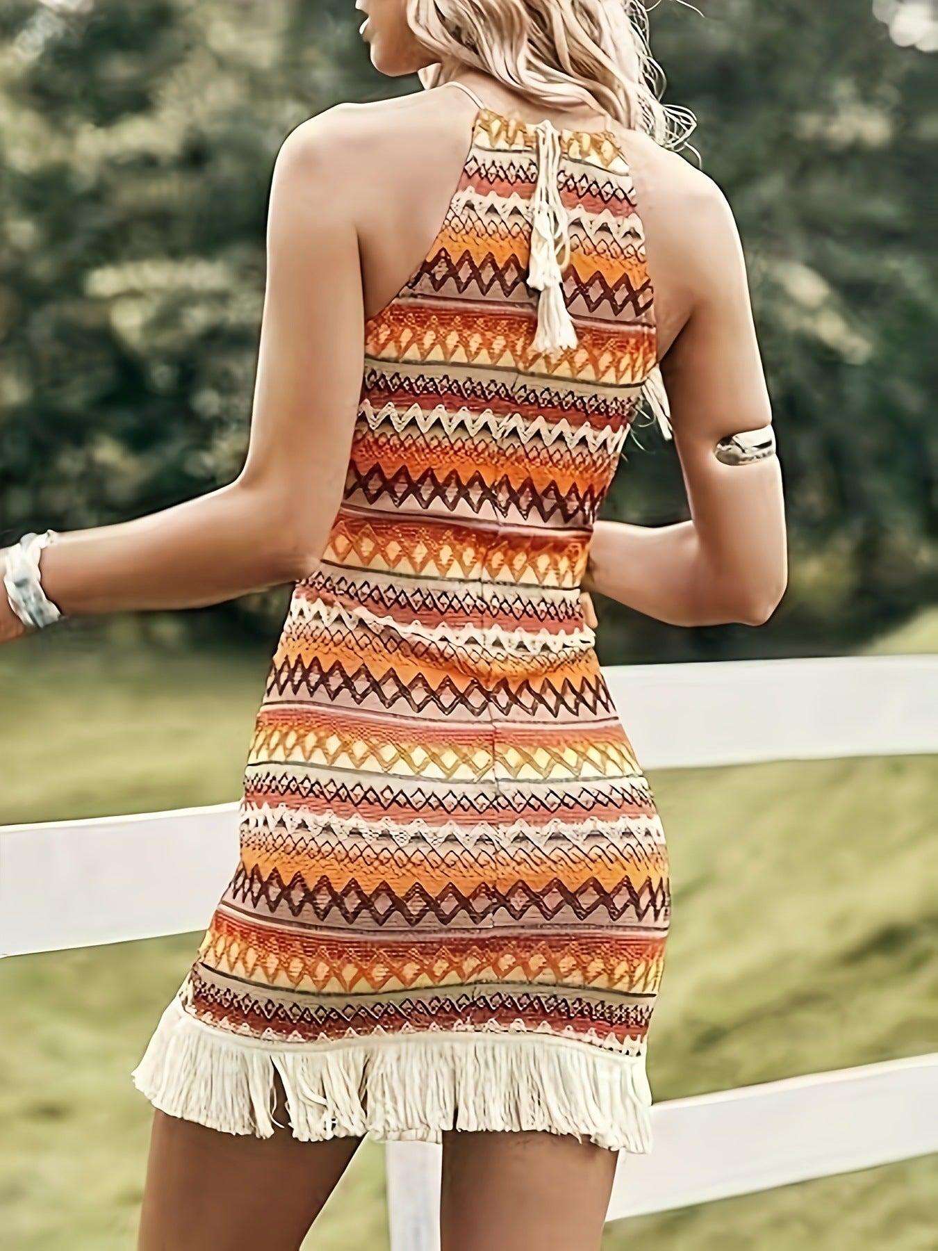 Western Fringe Grecian Neck Dress